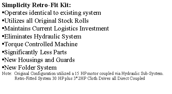 Text Box: Simplicity Retro-Fit Kit:Operates identical to existing systemUtilizes all Original Stock RollsMaintains Current Logistics InvestmentEliminates Hydraulic SystemTorque Controlled MachineSignificantly Less PartsNew Housings and Guards New Folder SystemNote: Original Configuration utilized a 15 HP motor coupled via Hydraulic Sub-System.            Retro-Fitted System 30 HP plus 3*2HP Cloth Drives all Direct Coupled